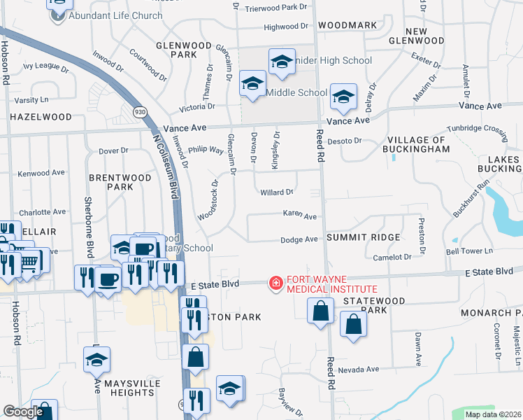 map of restaurants, bars, coffee shops, grocery stores, and more near 4509 Karen Avenue in Fort Wayne