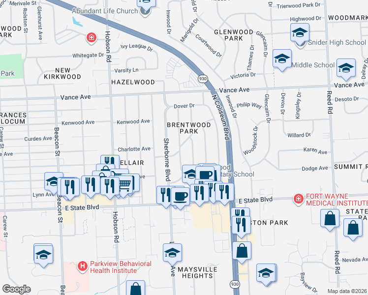 map of restaurants, bars, coffee shops, grocery stores, and more near 2713 Bosworth Drive in Fort Wayne