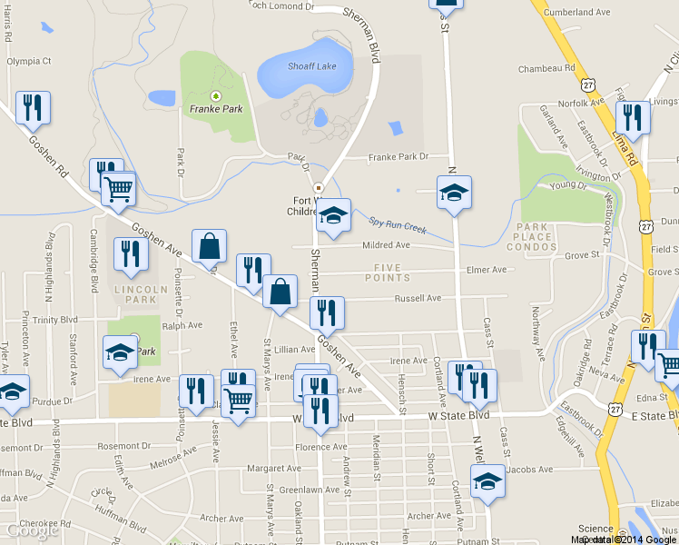 map of restaurants, bars, coffee shops, grocery stores, and more near 820 Elmer Avenue in Fort Wayne