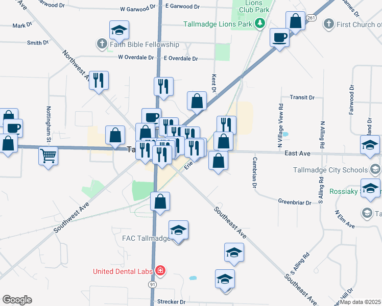 map of restaurants, bars, coffee shops, grocery stores, and more near 70 East Avenue in Tallmadge