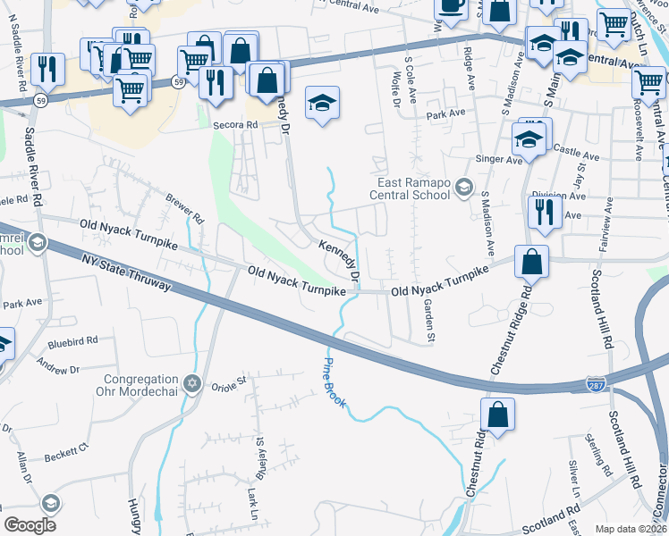 map of restaurants, bars, coffee shops, grocery stores, and more near 32 Alan Road in Spring Valley