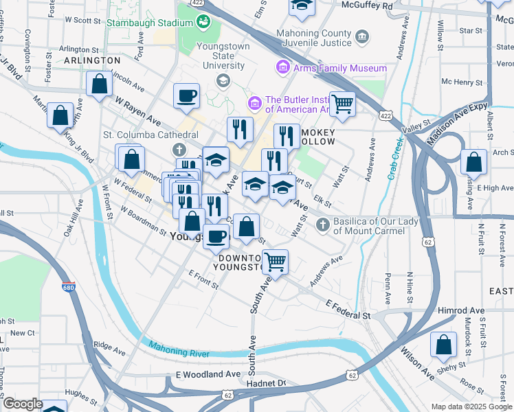 map of restaurants, bars, coffee shops, grocery stores, and more near 118 East Wood Street in Youngstown