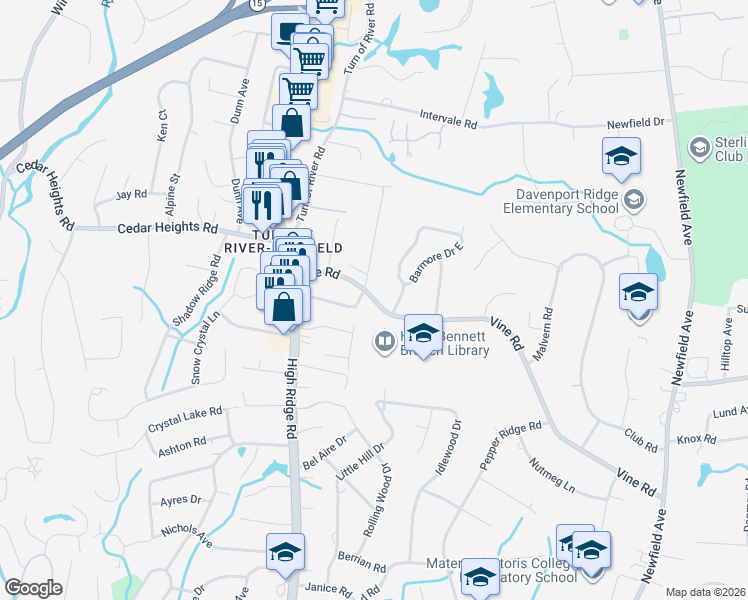 map of restaurants, bars, coffee shops, grocery stores, and more near 69 Vine Road in Stamford