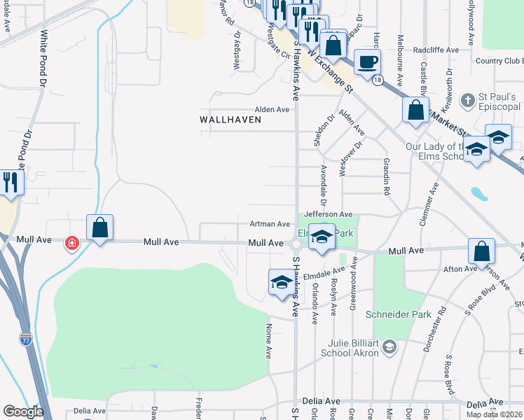 map of restaurants, bars, coffee shops, grocery stores, and more near 1546 Marlowe Ave in Akron