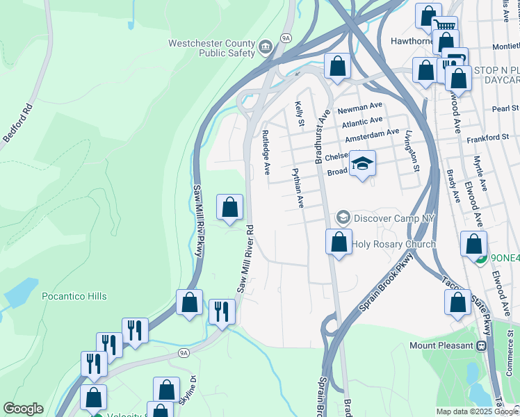 map of restaurants, bars, coffee shops, grocery stores, and more near 200 Saw Mill River Road in Hawthorne