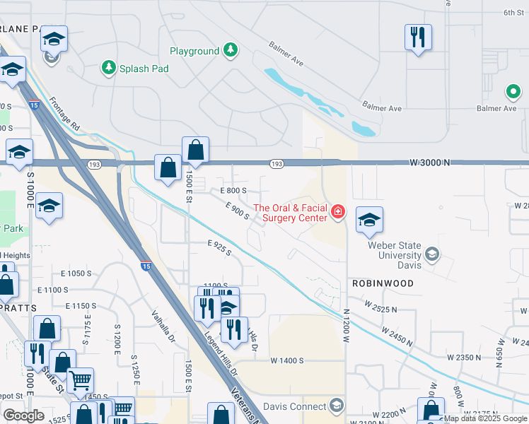 map of restaurants, bars, coffee shops, grocery stores, and more near 865 South 1650 East in Clearfield