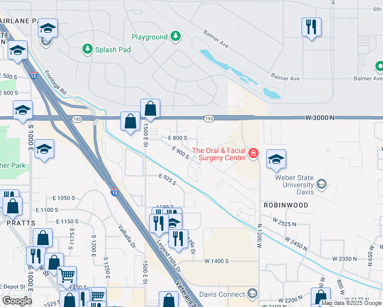 map of restaurants, bars, coffee shops, grocery stores, and more near 870 South 1625 East in Clearfield