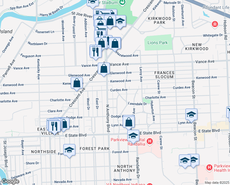 map of restaurants, bars, coffee shops, grocery stores, and more near 1822 Lawndale Drive in Fort Wayne