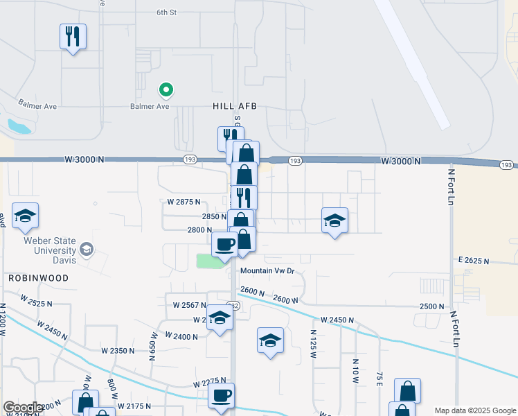 map of restaurants, bars, coffee shops, grocery stores, and more near 72 Atherton Way in Layton