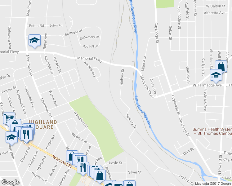 map of restaurants, bars, coffee shops, grocery stores, and more near 700 Hickory Street in Akron