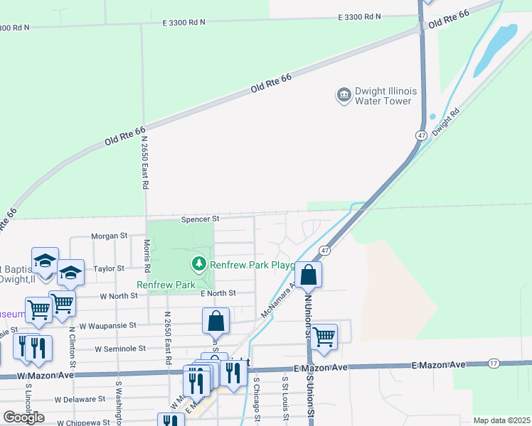 map of restaurants, bars, coffee shops, grocery stores, and more near 300 Spencer Street in Dwight