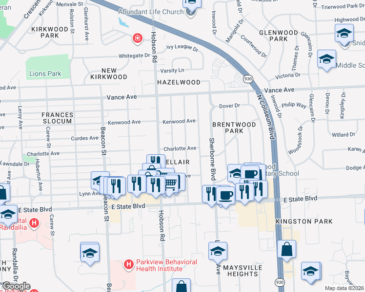 map of restaurants, bars, coffee shops, grocery stores, and more near 2705 Nordholme Avenue in Fort Wayne