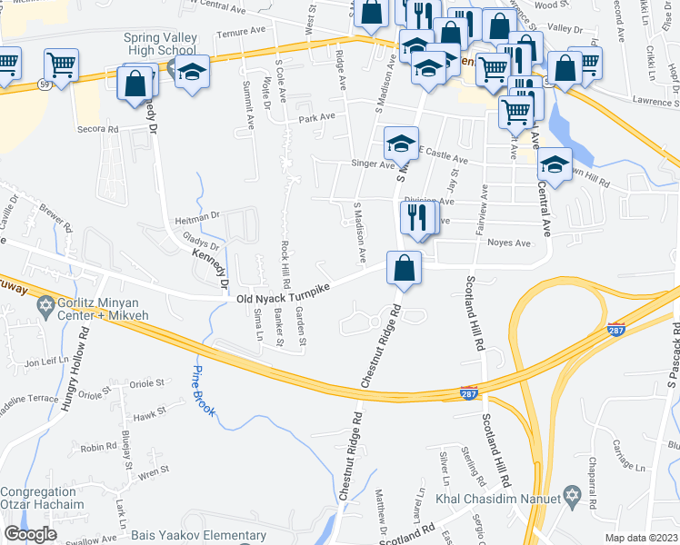 map of restaurants, bars, coffee shops, grocery stores, and more near 214-238 Old Nyack Turnpike in Spring Valley