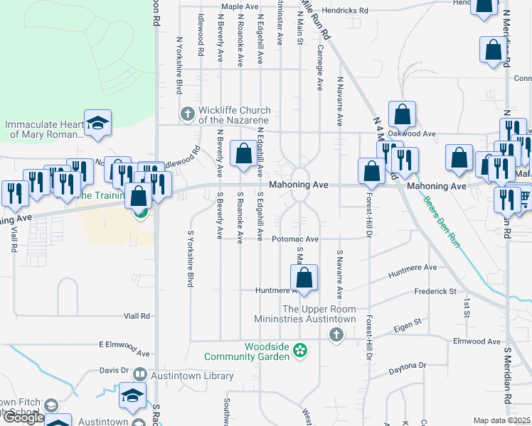 map of restaurants, bars, coffee shops, grocery stores, and more near 43 South Edgehill Avenue in Youngstown