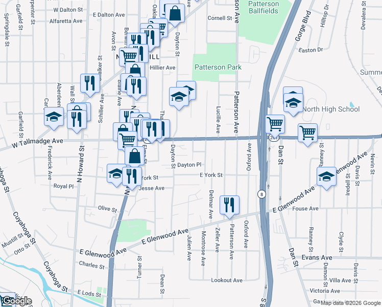 map of restaurants, bars, coffee shops, grocery stores, and more near 269 Luedella Court in Akron