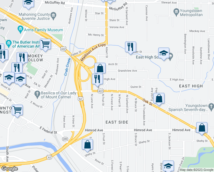 map of restaurants, bars, coffee shops, grocery stores, and more near 318 Albert Street in Youngstown
