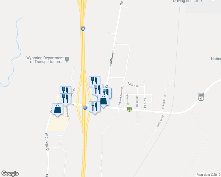 map of restaurants, bars, coffee shops, grocery stores, and more near 1807 Southwest Drive in Cheyenne