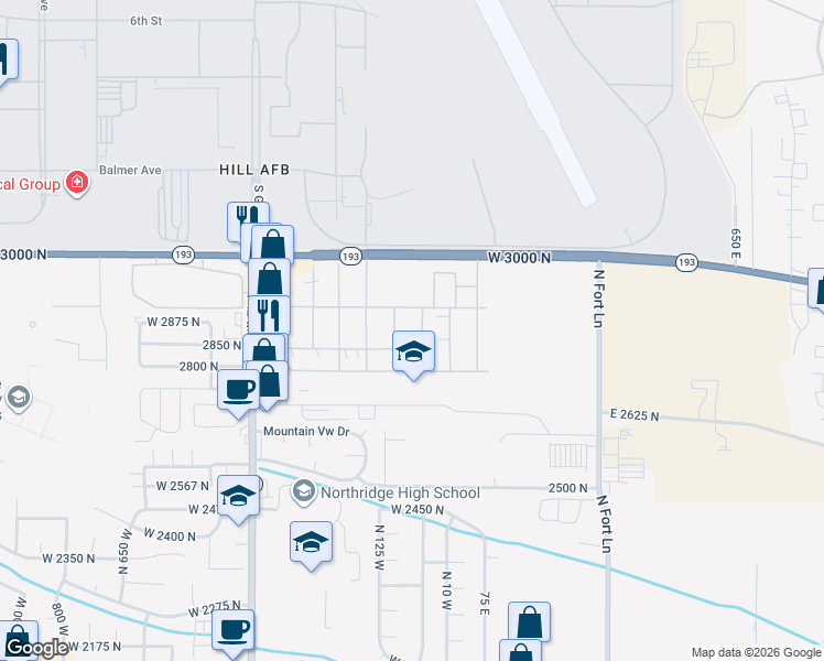 map of restaurants, bars, coffee shops, grocery stores, and more near 230 Engstrom Way in Layton