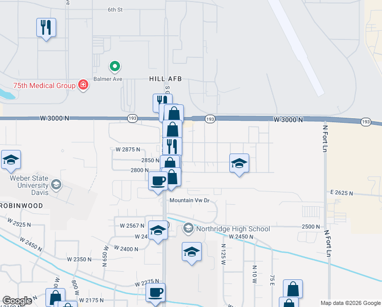 map of restaurants, bars, coffee shops, grocery stores, and more near 146 Cushing Way in Layton
