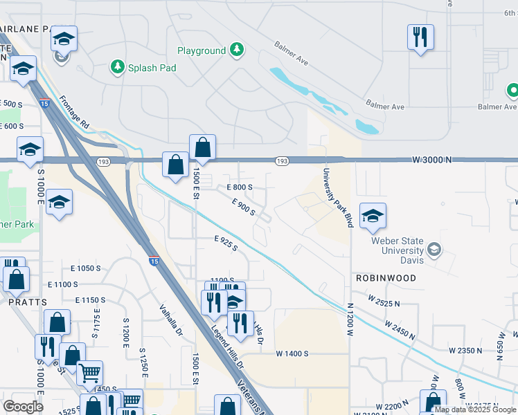 map of restaurants, bars, coffee shops, grocery stores, and more near 850 South 1650 East in Clearfield