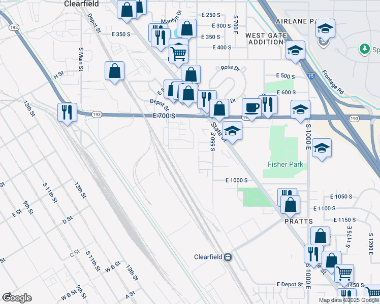 map of restaurants, bars, coffee shops, grocery stores, and more near 490 East 700 South in Clearfield