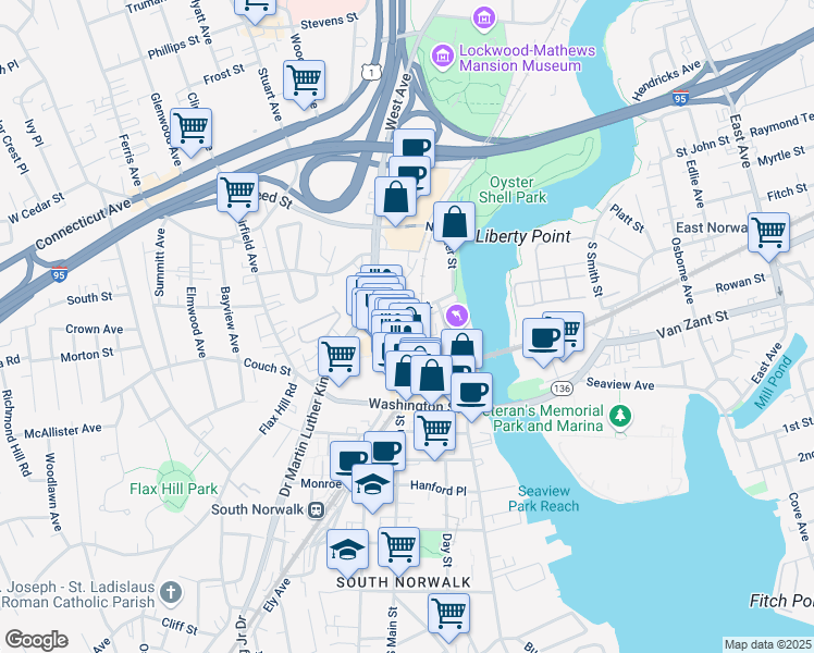 map of restaurants, bars, coffee shops, grocery stores, and more near 81 North Main Street in Norwalk