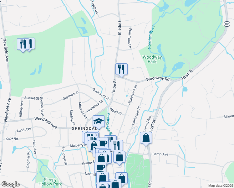 map of restaurants, bars, coffee shops, grocery stores, and more near 1285 Hope Street in Stamford