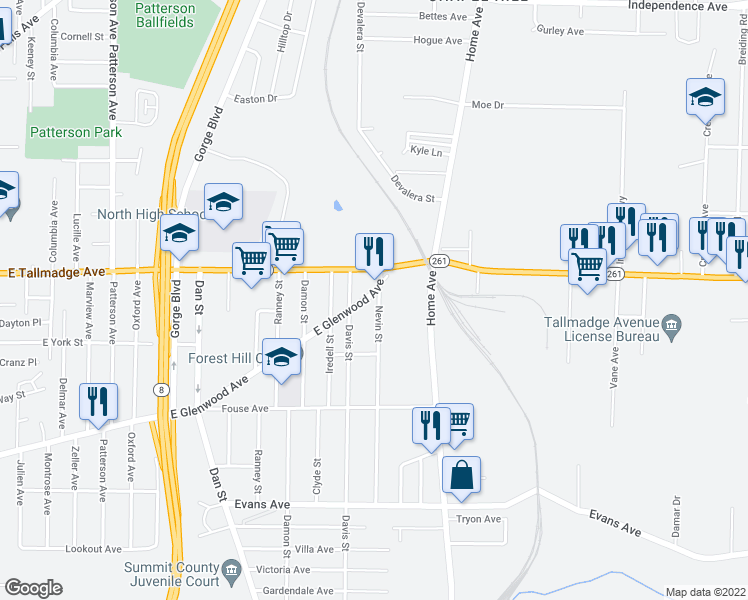 map of restaurants, bars, coffee shops, grocery stores, and more near 1035 Nevin Street in Akron