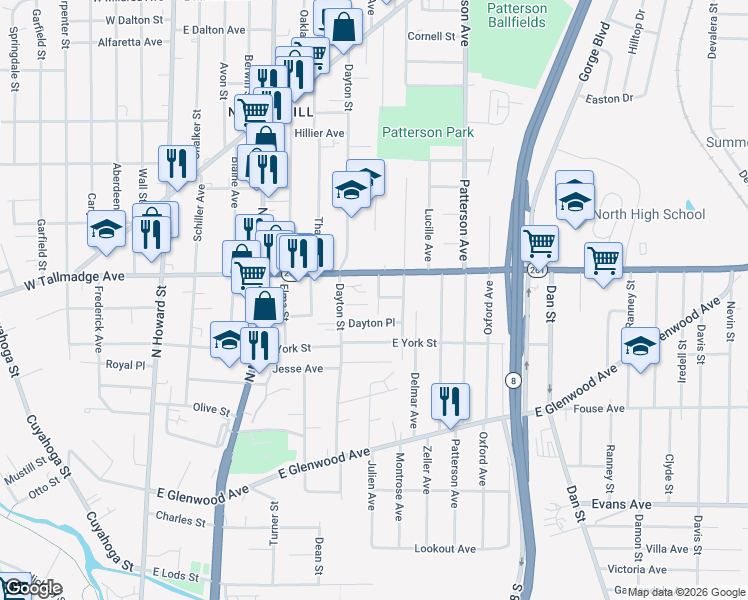 map of restaurants, bars, coffee shops, grocery stores, and more near 269 Luedella Court in Akron