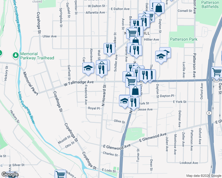 map of restaurants, bars, coffee shops, grocery stores, and more near 590 Schiller Avenue in Akron