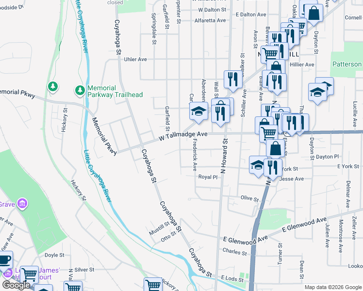 map of restaurants, bars, coffee shops, grocery stores, and more near 597 Carpenter Street in Akron