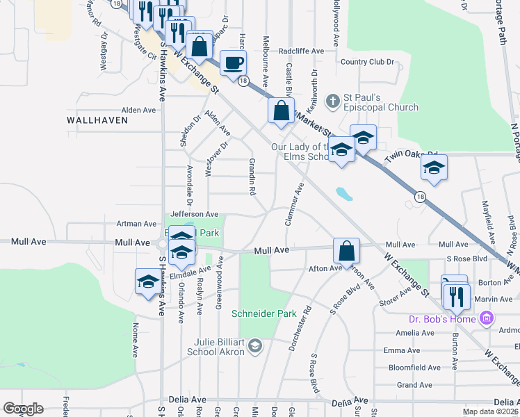 map of restaurants, bars, coffee shops, grocery stores, and more near 1491 Jefferson Avenue in Akron