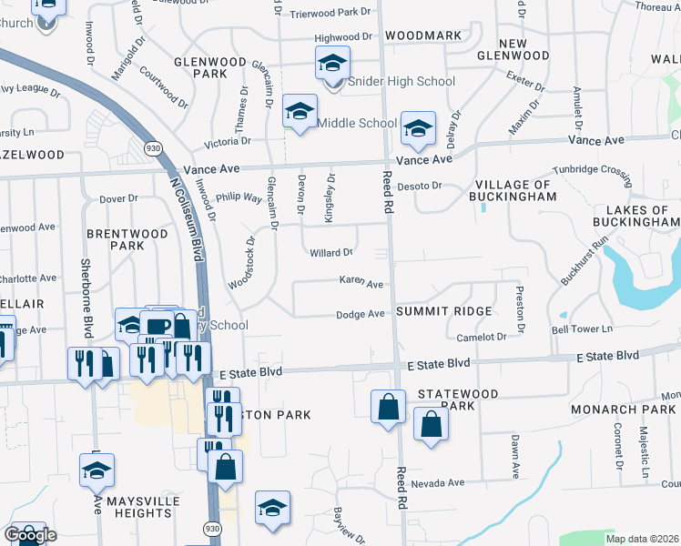 map of restaurants, bars, coffee shops, grocery stores, and more near 4619 Karen Ave in Fort Wayne