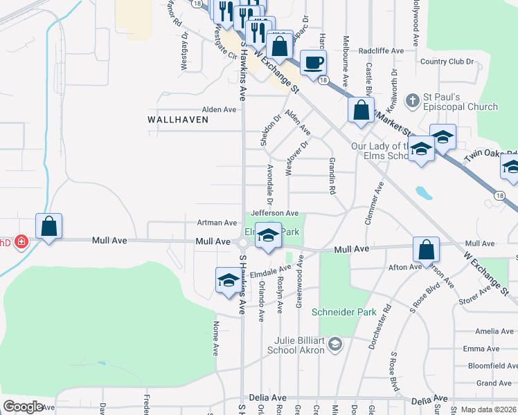 map of restaurants, bars, coffee shops, grocery stores, and more near 1599 Jefferson Avenue in Akron