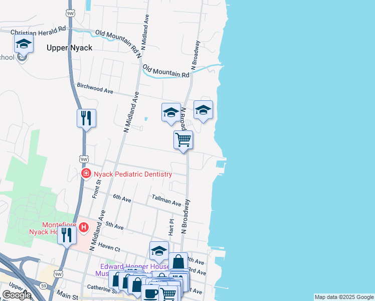 map of restaurants, bars, coffee shops, grocery stores, and more near 70 Main Street in Nyack