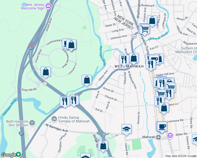 map of restaurants, bars, coffee shops, grocery stores, and more near 32 Hines Avenue in Mahwah