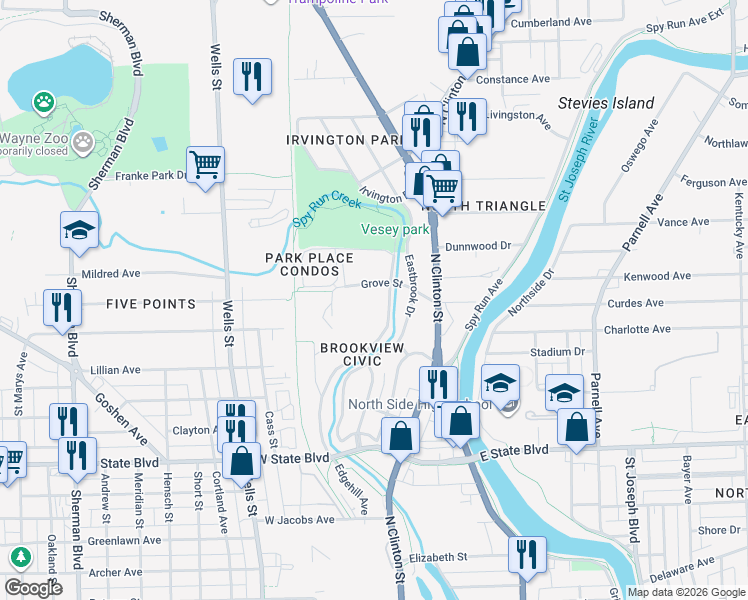 map of restaurants, bars, coffee shops, grocery stores, and more near 2807 Westbrook Drive in Fort Wayne