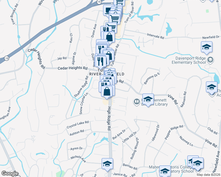 map of restaurants, bars, coffee shops, grocery stores, and more near 865 High Ridge Road in Stamford
