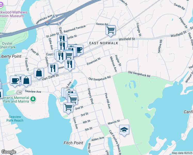 map of restaurants, bars, coffee shops, grocery stores, and more near 9 Old Saugatuck Road in Norwalk