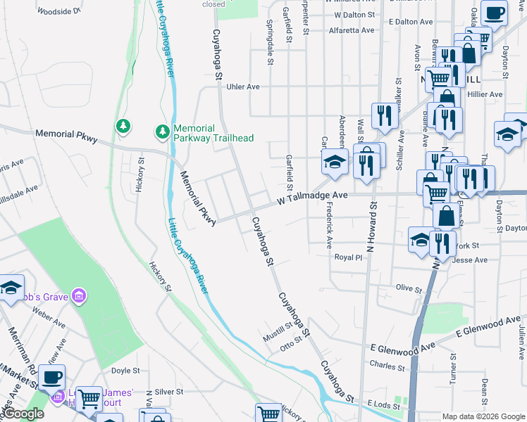 map of restaurants, bars, coffee shops, grocery stores, and more near 190 West Tallmadge Avenue in Akron