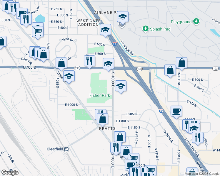 map of restaurants, bars, coffee shops, grocery stores, and more near 876 South 1000 East in Clearfield