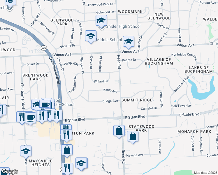map of restaurants, bars, coffee shops, grocery stores, and more near 4619 Karen Avenue in Fort Wayne