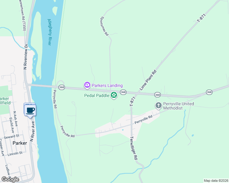 map of restaurants, bars, coffee shops, grocery stores, and more near 549 Pennsylvania 368 in Parker