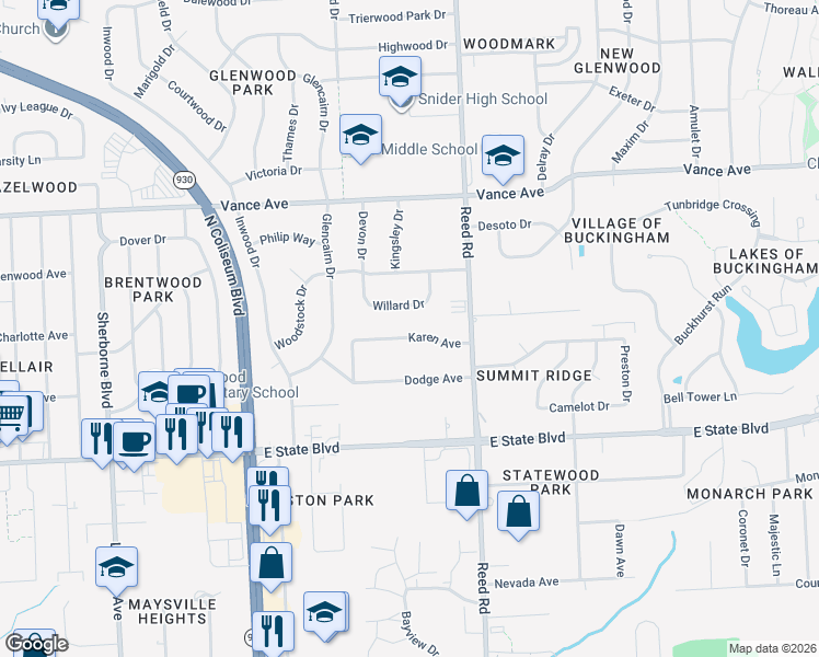 map of restaurants, bars, coffee shops, grocery stores, and more near 4619 Karen Ave in Fort Wayne