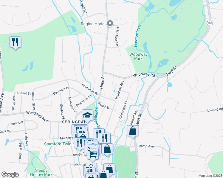 map of restaurants, bars, coffee shops, grocery stores, and more near 16 Bouton Street West in Stamford