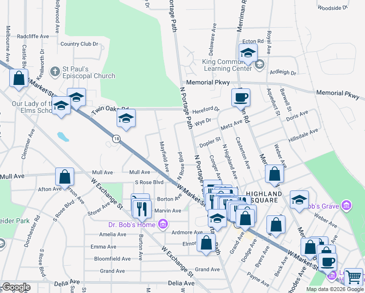 map of restaurants, bars, coffee shops, grocery stores, and more near 99 North Rose Boulevard in Akron