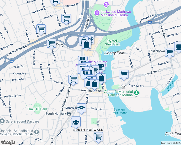 map of restaurants, bars, coffee shops, grocery stores, and more near 81 North Main Street in Norwalk