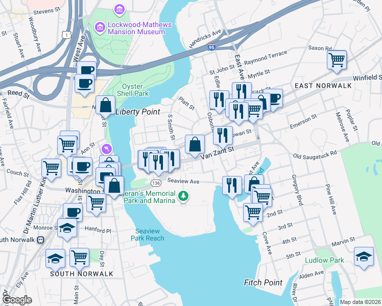 map of restaurants, bars, coffee shops, grocery stores, and more near 7 Van Zant Street in Norwalk
