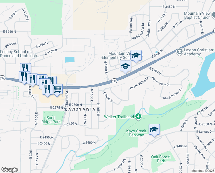 map of restaurants, bars, coffee shops, grocery stores, and more near 1731 East 2825 North in Layton