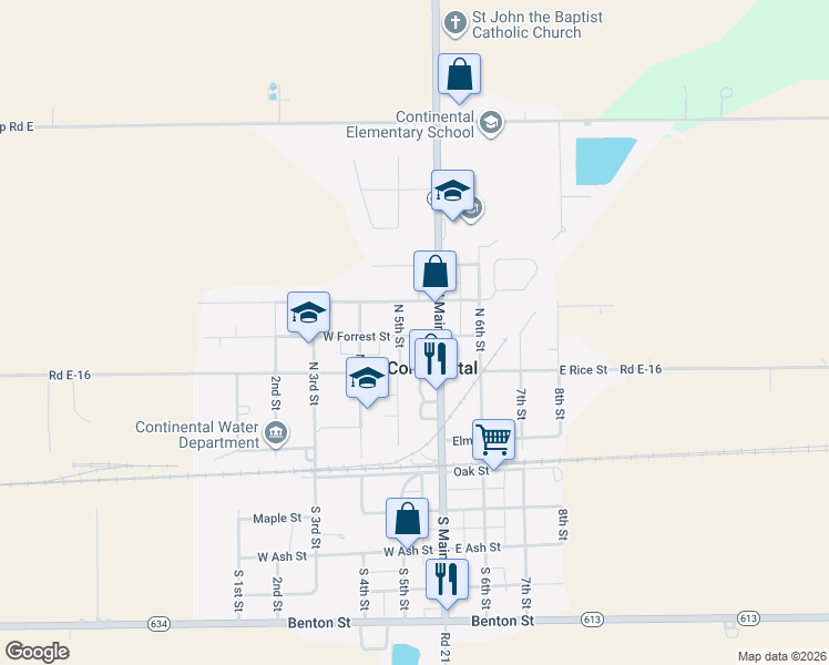 map of restaurants, bars, coffee shops, grocery stores, and more near 106 West Forrest Street in Continental